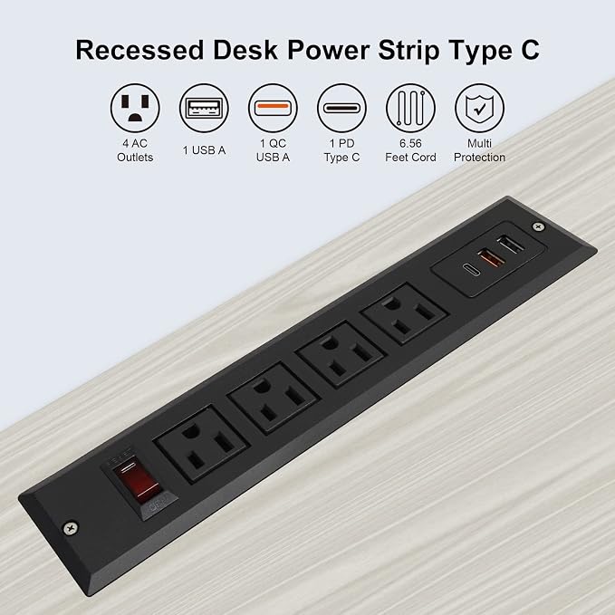 20W Mountable Power Strip USB C Recessed Power Strip USB-C Fast Charge 4 Outlet 3 USB Multiple Protection Built in Conference Desk Counter Workbench for PC Home Electric Appliance (USB C Black)