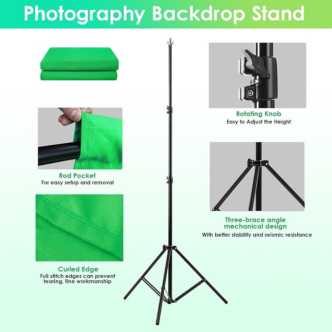 Green Screen Backdrop Kit, 10 x 6.5 Ft Portable Green Screen with T-Shaped Stand, Carrying Bag, 5 Clamps, Photography Greenscreen Background Kit for Streaming, Gaming, Zoom