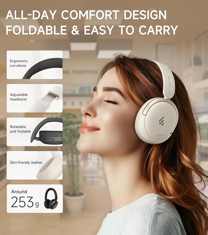 Atom Max Hybrid Active Noise Cancelling Over-Ear Headphones - Hi-Res Audio with Microphone, Volume Control, 45H Playtime, Fast Charging, Bluetooth 5.4, App Customization, Foldable Headset, White