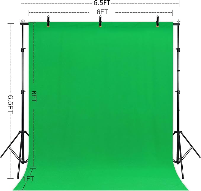 2 in 1 Green Backdrop Stand Kit, 6.5x6.5 ft Portable Dual Rod Stand kit with 6x7ft Green Backdrop-Premium Polyester for Video Streaming, Portrait Photoshoot, Wall Mounted, Parties