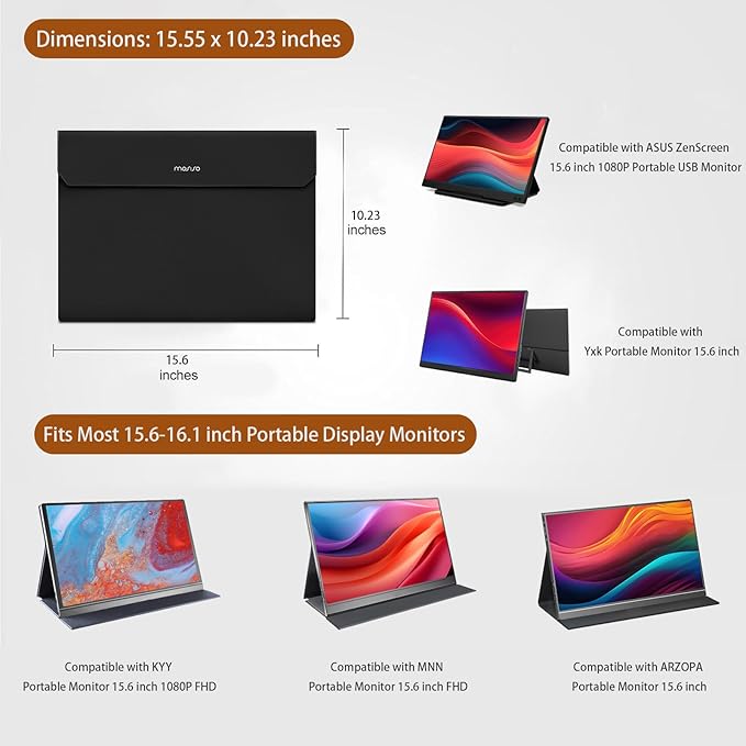 MOSISO Portable Monitor Case Sleeve 16.1 inch, Carrying Case for Most 15.6-16.1 inch Portable Travel Display Monitor Laptop, PU Leather Laptop Display Bag with Front Pocket, Black