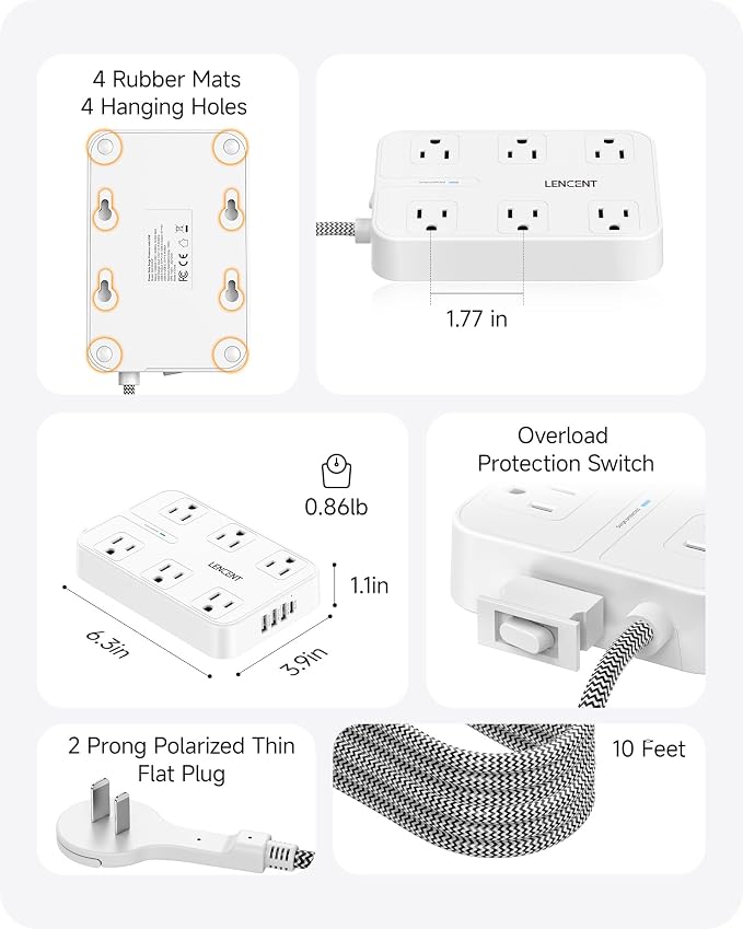 LENCENT 2 Prong Power Strip, 3 to 2 Prong Outlet Adapter, Surge Protector with 10ft Braided Extension Cord with Thin Flat Polarized Plug, 6 AC & 4 USB (1 Type-C), Wall Mount for Non-Grounded Outlet