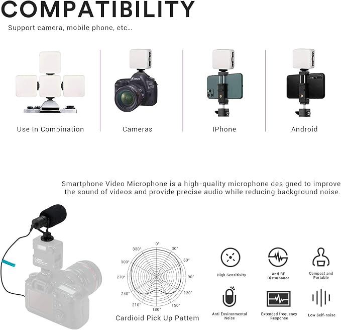 Vlogging Kit Phone Video Kit Accessories: Phone Tripod, Phone Mount, LED Light and Cellphone Shotgun Microphone for Phone Video Recording Video Conferencing, Zoom Calls, Live Streaming, Vlog