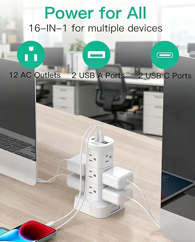 Surge Protector Power Strip Tower, 10FT Extension Cord with Multiple Outlets(12 AC Outlets), Slim Flat Plug, 1875W/15A Overload Protection, Office Desk Supplies, Dorm Room Essentials