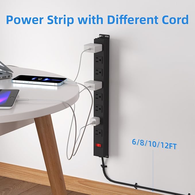 8 Outlet Metal Power Strip 10ft,Workshop Heavy Duty Power Strip Wide Spaced with Long Cord for Kitchen,Office,School,Commercial,Industrial,1825W/125V/15A,Black (10FT)
