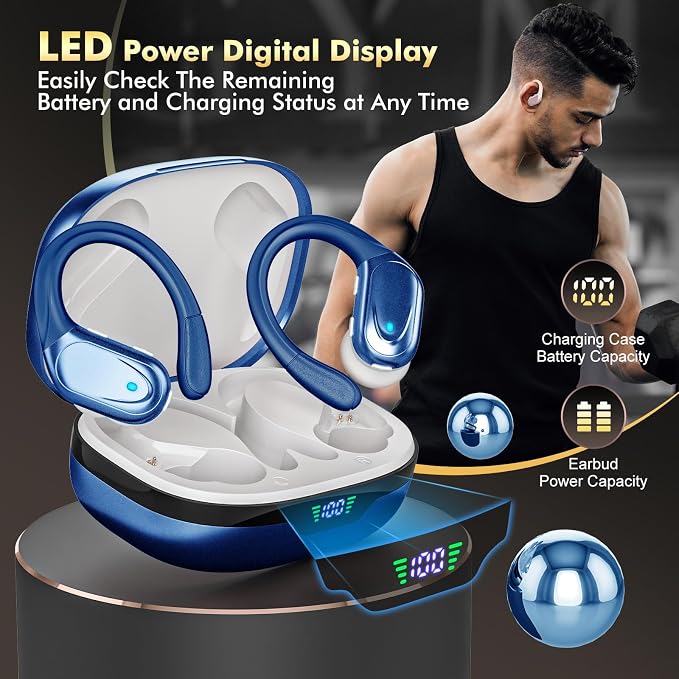 HAOYUYAN Wireless Earbuds, Bluetooth Headphones, Ear Buds with 80hr Playtime, LED Power Display, Noise Canceling, LED Power Display, IPX7 Waterproof Earphones for Gym/Workout/Sport（Dark Blue）
