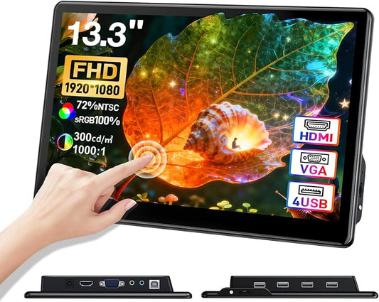 13.3" inch Portable FHD 1080P Touch Screen Monitor with HDMI VGA Port, Touchscreen Display Support VESA Mount, Small IPS Home Industrial Monitor for PC Laptop MacBook