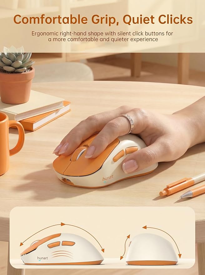 hunart H6 49g Wireless Mouse, Bluetooth & 2.4GHz Rechargeable Mouse, Lightweight Silent Ergonomic Mouse with USB-C Charging, Portable Right-Hand Office Mouse for Laptop, PC, MacBook, Office(Orange)