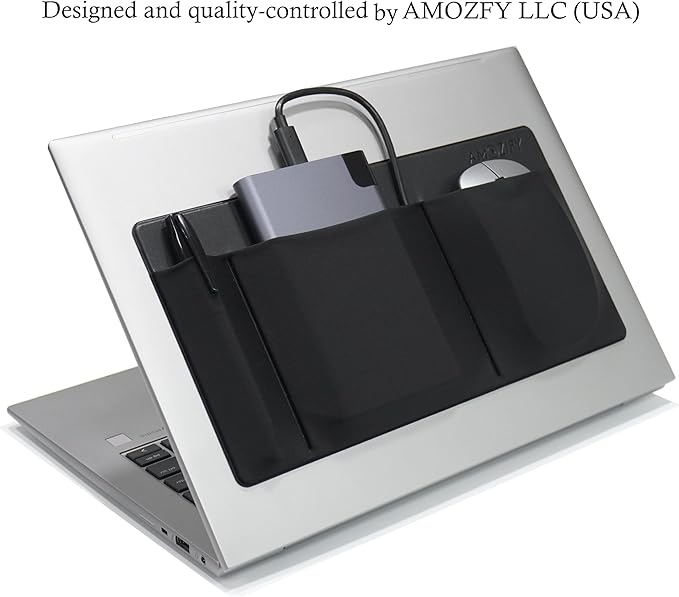 AMOZIFY® 3-Pocket Organizer, Mouse Holder for Laptop Stick On, Adhesive Pouch & External Hard Drive Sleeve, SSD Storage Case for MacBook, Reusable (Black)