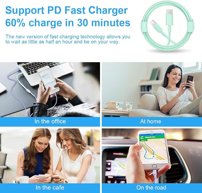 iPhone Fast Charger 3+3Pack 20W USB C Wall Charger with 6FT Fast Charging Cable Compatible with iPhone 14/13/12/11/Pro/Pro Max-Green
