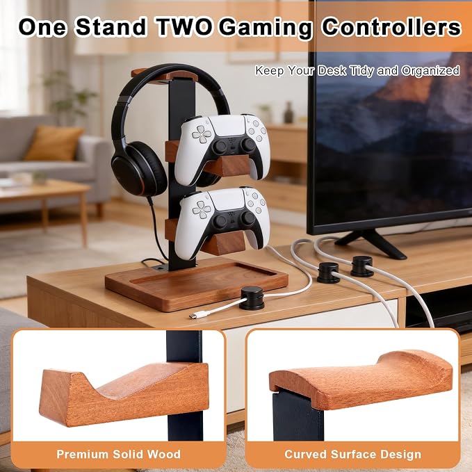Headset Stand with Dual Controller Holder, Solid Wood Headphone Stand with Storage Base, Gaming Equipment Accessories for Desk