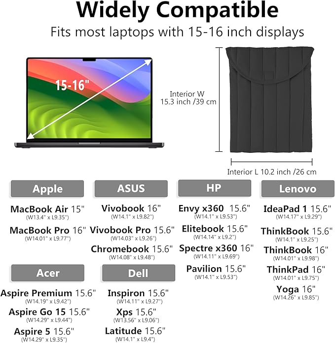 Puffy Laptop Sleeve Set 15-16 Inch Black, Protective Carrying Case for Men and Women, Cute Case Bag Compatible with 15 and 16 Inch Laptops, for MacBook Air M2, Asus/Dell Xps in Cover