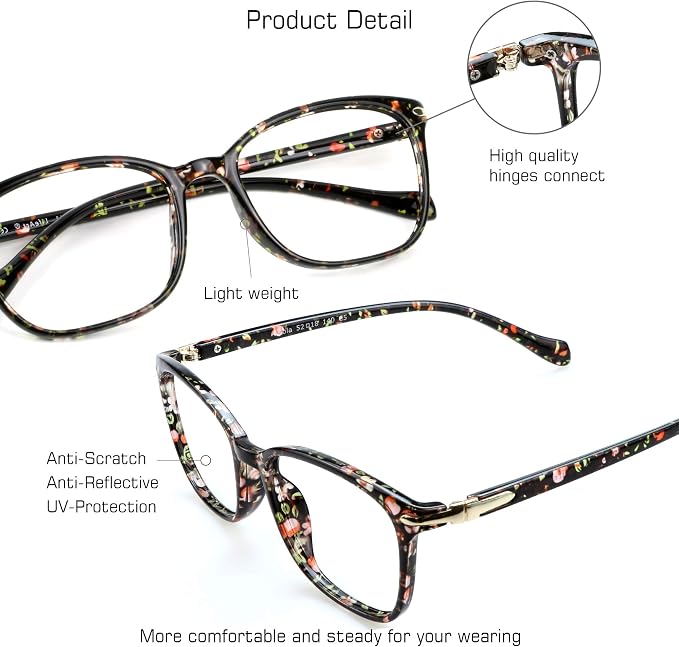 VisionGlobal Blue Light Blocking Glasses for Women, Anti Eyestrain, Computer Reading, TV Glasses, Stylish Square Frame, Anti Glare(Floral,No Magnification)