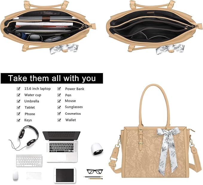 MOSISO Laptop Bag for Women, 15.6-16 inch PU Leather Tote Bag Compatible with MacBook, HP, Dell, Asus Notebook, Front Embossed Retro Hibiscus Computer Bags with Silk Scarf&Clutch Purse, Apricot