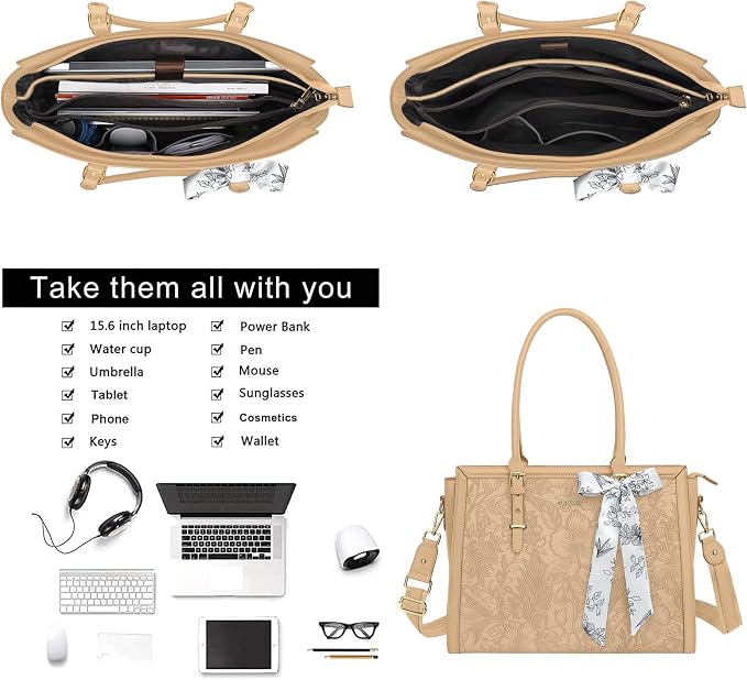 MOSISO Laptop Bag for Women, 17-17.3 inch PU Leather Tote Bag Compatible with MacBook, HP, Dell, Asus Notebook, Front Embossed Retro Hibiscus Computer Bags with Silk Scarf&Clutch Purse, Apricot