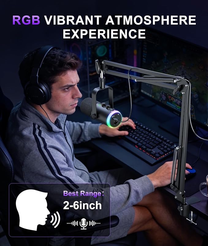 Dynamic Gaming Microphone | USB/XLR Dual Mode | RGB Boom Arm Mic Kit with One‑Touch Mute, Headphone Monitor, Gain Control | for Streaming, Podcast, PC, PS4/PS5, Recording