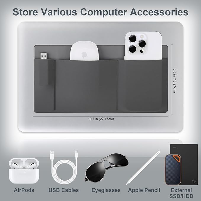 Lacdo 3-Pocket Mouse Holder for Laptop Stick on, External Hard Drive SSD Holder for Laptop, Stick on Pouch Organizer Adhesive Pocket Storage Sleeve for Mouse/HDD/SSD/Cables, Computer Accessories, Gray
