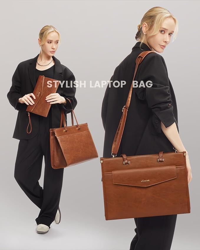 LOVEVOOK Laptop Bag for Women, 15.6'' Laptop Tote Purse 2-in-1 Professional Work Bag Business Briefcase with Clutch Purse, Waterproof Vintage Leather Computer Handbag for Teacher Office Travel