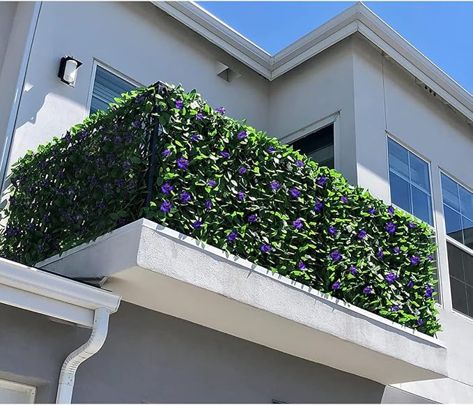 GLANT Expandable Fence Privacy Screen for Balcony Patio Outdoor,Decorative Faux Ivy Fencing Panel,Artificial Hedges (Single Sided Leaves) (2, Purple Flowers)