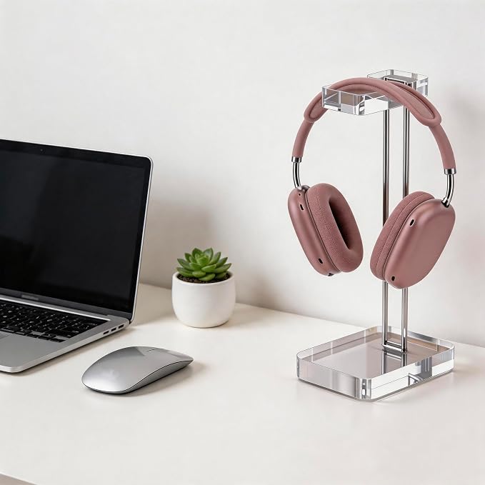 Acrylic Headphone Stand for Desk, Crystal Clear Headset Holder with Silver Metal Accent, Stable Non-Slip Base, Universal Gaming Headphone Hanger for PC Setup, Office & Home Desk Accessories
