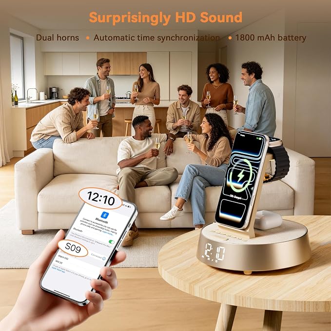 6 in 1 Wireless Charging Station with Alarm Clock, Bluetooth Speaker, FM Radio, Night Light for Bedroom Office, Wireless Charger Dock Station for iPhone 17 16 15 14 13 12 Pro Max,Apple Watch, AirPods