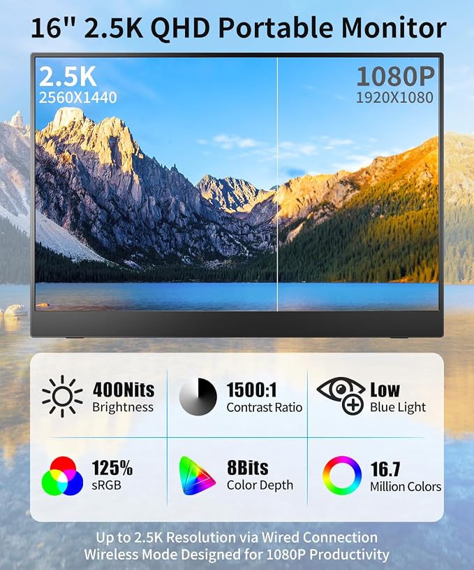MAGICRAVEN Wireless Portable Monitor with Battery- 16" 2.5K IPS Second Screen for Travel/Office, AirPlay & Miracast Casting, Up to 4 hrs Use, No Cables or Drivers Needed, Works with Laptop/PC/Phone