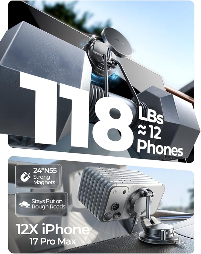 LISEN for 15W Magsafe Car Mount Charger, Magnetic Phone Holders for Your Car, Magnetic Wireless Car Charger, Suction Phone Mount for Car Accessories for iPhone 17 Pro Max 16 15 14 13 12, Pads & Mats