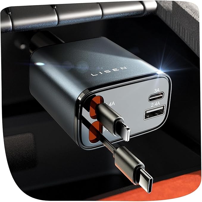 LISEN Retractable Car Charger, 84W Car Charger USB C Fast Charger Adapter for iPhone, Car Accessories for Men Women, Birthday Gifts for Fathers Day for Men Dad Husband, for iPhone 17 16 15 14 13 12 11