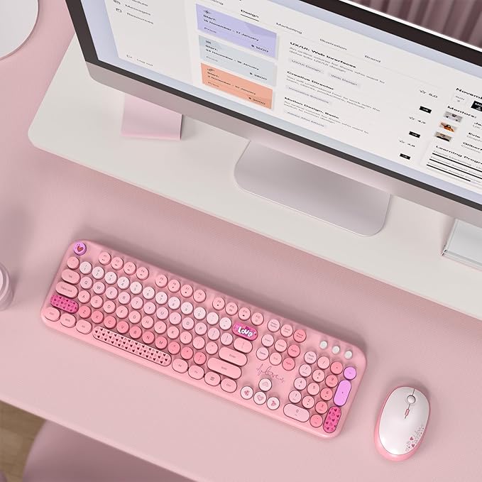 MOFII Wireless Keyboard and Mouse Combo, Cute Retro Typewriter Keyboard and Silent Mouse, 2.4GHz Full Size Computer Keyboard Wireless Mouse Set for PC, Laptop, Desktop, Windows (Pink Colorful)