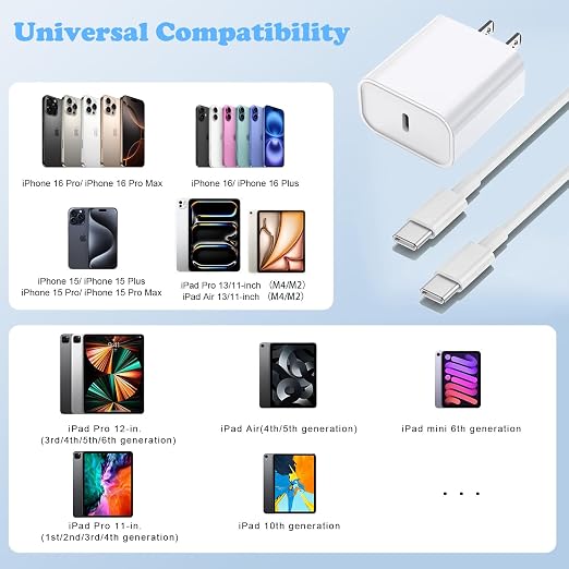 iPhone 17/16/15 Charger, USB C Charger,2Pack 20W Type C Fast Wall Charge Power Adapter,10FT 60W USB-C to C Cable for iPhone Air/17Pro Max/15/16 Pro Max,iPad Pro 12.9/11 inch,iPad Air 5/4th,AirPods Pro