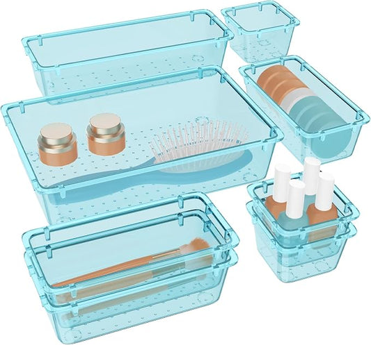 WOWBOX 8 PCS Plastic Drawer Organizer Set, 4 Sizes Desk Drawer Organization and Storage Containers for Makeup, Cosmetics, Jewelry and Gadgets in Kitchen, Bathroom, Bedroom, Office, Clear Sea Blue