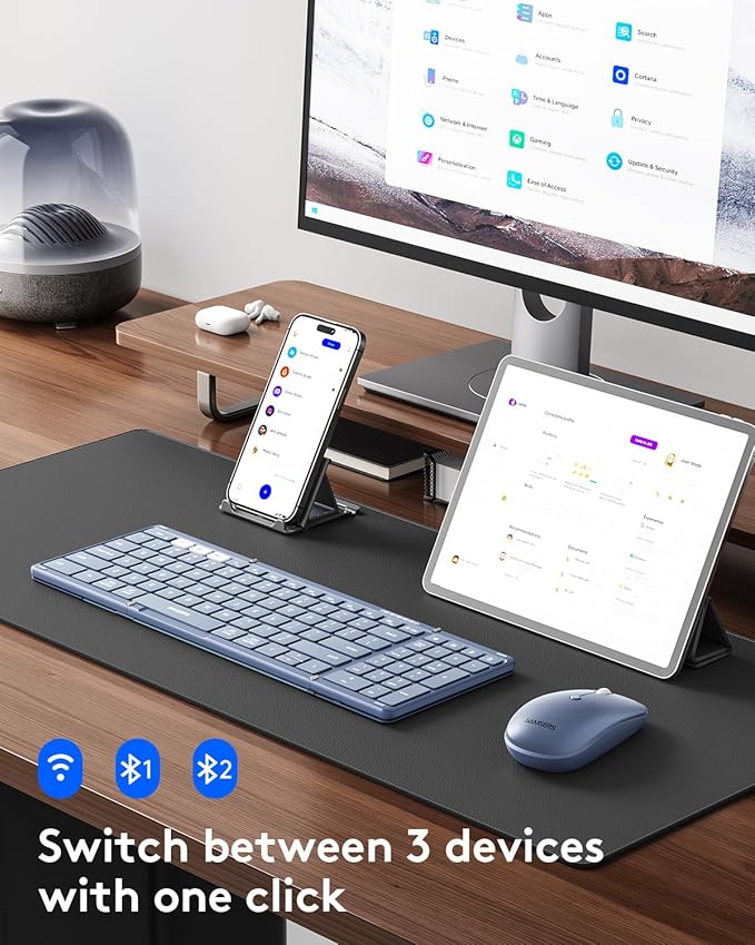Foldable Keyboard and Mouse, Samsers Folding Bluetooth Keyboard Combo, 2.4G + BT5.0 x 2, Full-Size Portable Travel Keyboard & Rechargeable Wireless Mouse for Windows Android iOS Mac OS, Young Blue
