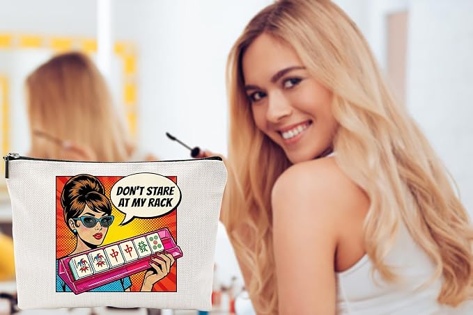 ZUYUROU Funny Mahjong Gifts for Women - Don't Stare At My Rack Makeup Bag - Retro Pop Art American Mahjong Accessories - Zipper Pouch for NMJL Card, Tiles, and Cosmetics - Unique Game Night Prize