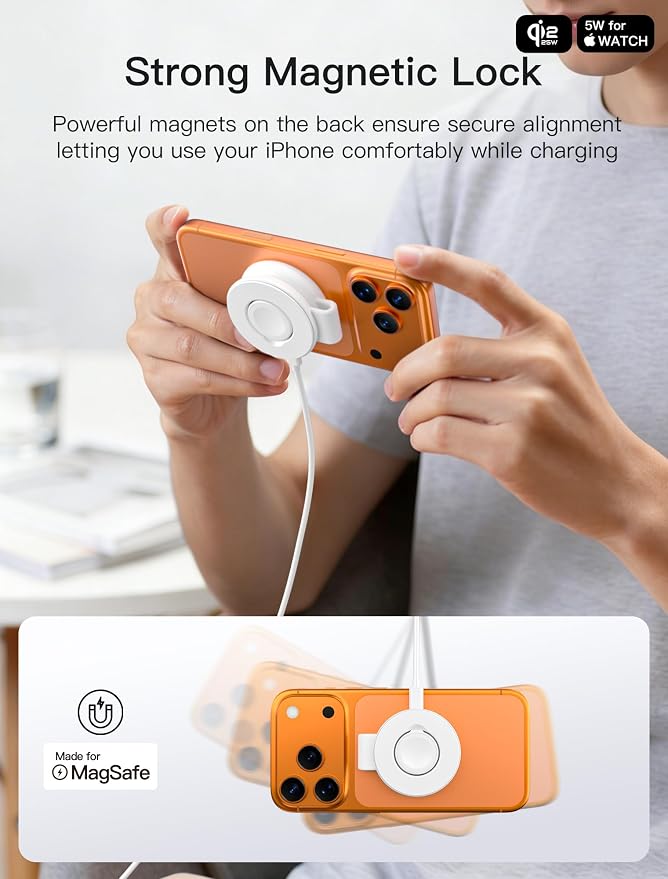 2 in 1 Magnetic Wireless Charger, Qi2 25W Fast Charging Travel Station Pad Compatible with MagSafe for iPhone Air/17/16/15/14/13/12, 5W for Apple Watch, AirPods 4/3/2/Pro with 30W Adapter (White)