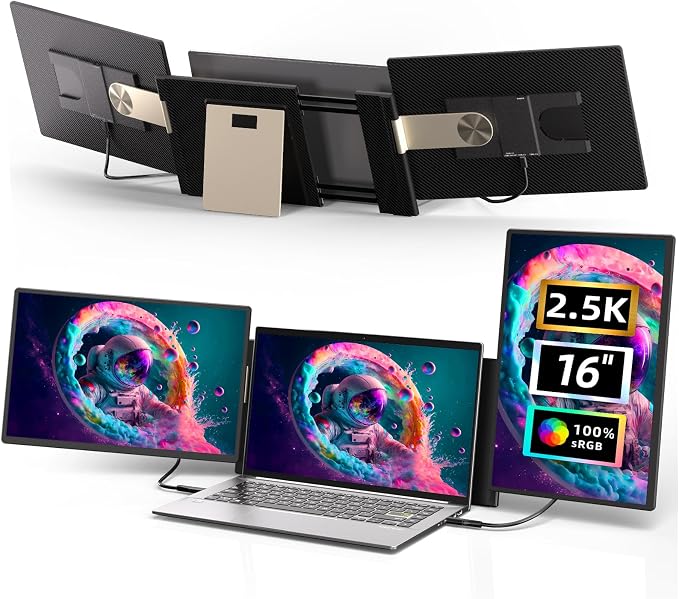 Laptop Screen Extender 2.5K - Updated 16" Triple Portable Monitor 2560x1600P QHD 100% sRGB IPS, Plug & Play, Rotation Detachable Screen Compatible with Mac Wins Dex Chrome Fits 13"-17" Laptops