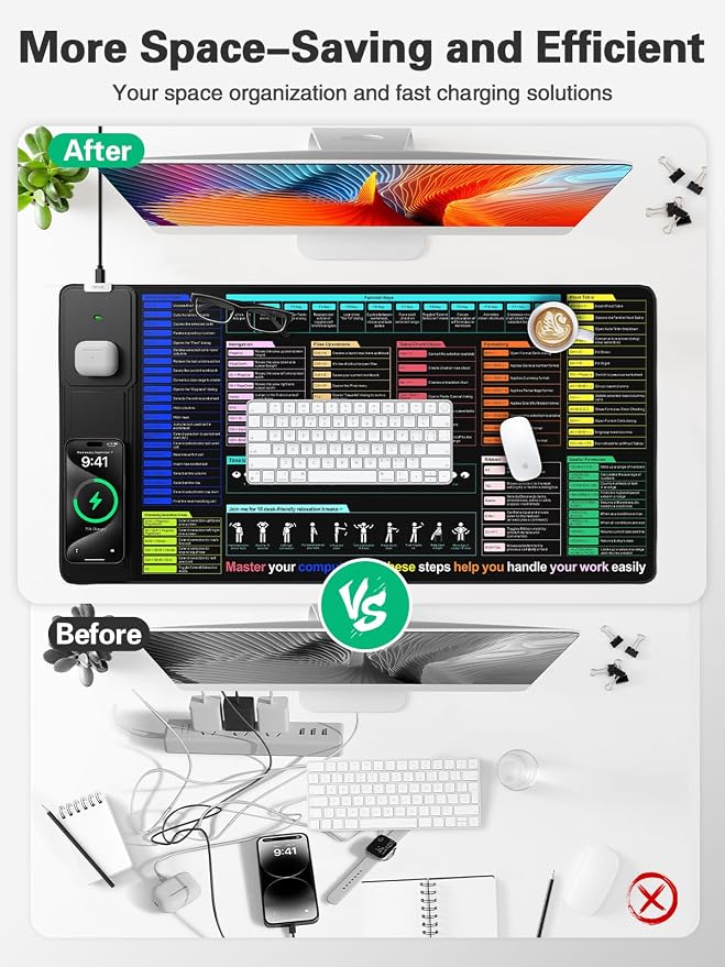 Mouse Pad with Foldable Phone Holder, Wireless Charging Desk Mat 31.5x15.75 Mousepad with Superior Micro-Weave Cloth Non-Slip Waterproof Desk Pad (Office Shortcut)