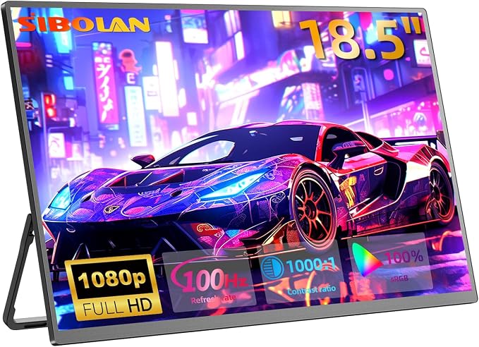 Portable Monitor 18.5'' 1080P 100Hz 100% sRGB, Aluminum Alloy Shell, IPS Travel Monitor with USB-C HDMI Large Portable Screen for Laptop MacBook PC PS4/5 Gaming Monitor with Kickstand
