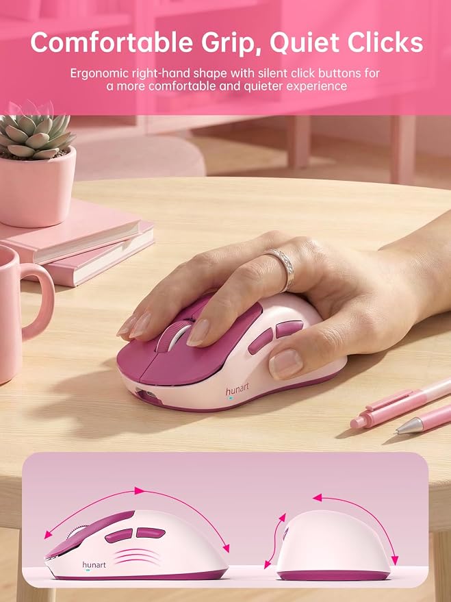 hunart H6 49g Wireless Mouse, Bluetooth & 2.4GHz Rechargeable Mouse, Lightweight Silent Ergonomic Mouse with USB-C Charging, Portable Right-Hand Office Mouse for Laptop, PC, MacBook(Berry Pink)