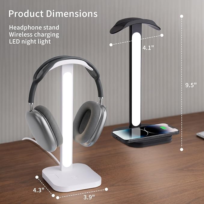 3 in 1 Gaming Headphone Stand with Wireless Charger, Desktop Headset Holder Hanger Rack, Wireless Charging Station Compatible for iPhone Series, PS5, Xbox, PC Gaming Desk Accessories, White