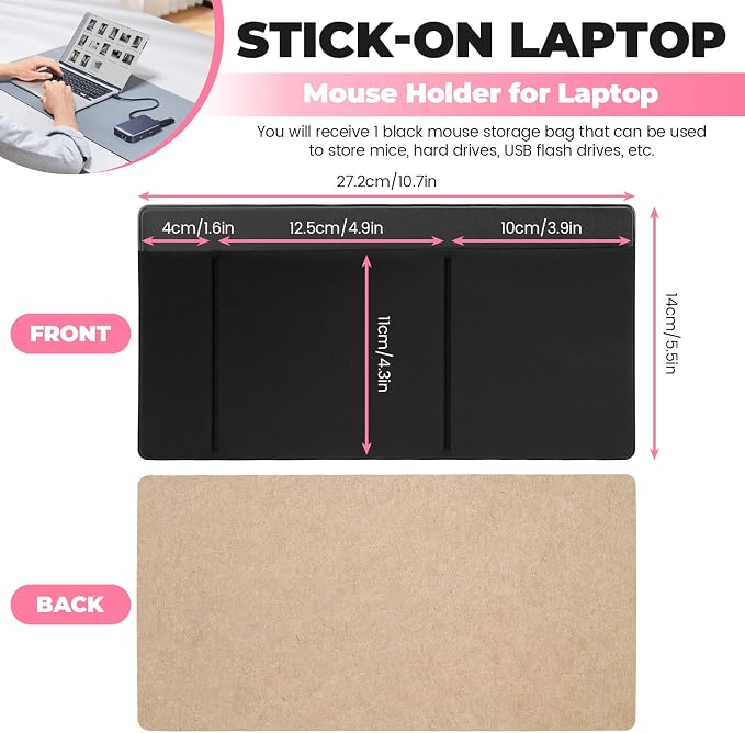 3-Pocket Laptop Pouch for Mouse & Hard Drive, Adhesive Holder Case Elastic Sleeve Pocket for External Portable SSD, Phone, USB Cable, Pen, Black