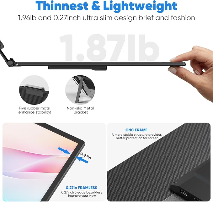Laptop Screen Extender, 14” FHD 1080P Portable Monitor for Laptop, 0.27" Ultra-Thin Display with 100% sRGB, Dual Screen Extender for 13–17” Laptops, Plug & Play for Windows/Mac/Chrome/Android