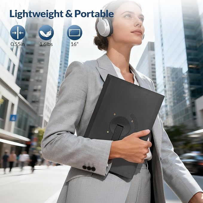 Portable Monitor, 16” 1200P FHD 16:10, 1500:1 Contrast, USB-C HDMI Laptop Screen Extender with Rotating Stand, Horizontal/Vertical Monitor, Travel Monitor for Laptop/PC/Mac/Windows/PS5,Vesa Mountable