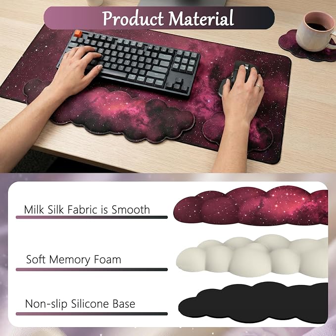 Cloud Mouse Pad Keyboard Wrist Rest 4PCS Extended Large Galaxy Desk Mat Pad Set Memory Foam Non-Slip Cute Ergonomic Gaming Mouse Pad Wrist Support for Computer Laptop Home Office Black Pink