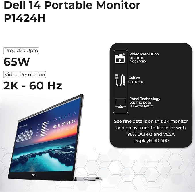 Dell P1424H 14-Inch Portable Monitor for FHD LED with Dual-Screen Productivity, in-Plane Switching, USB-C Connectivity, Low Blue Light, and Display Manager Software