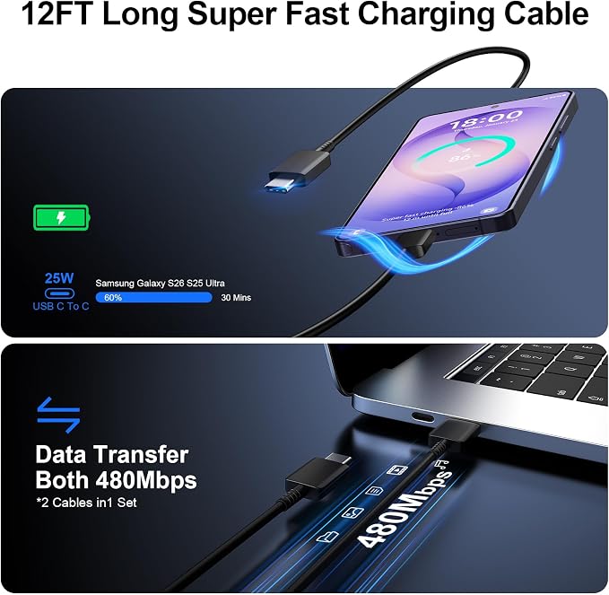 Super Fast Charger Type C, 25W USB C Wall Charger Fast Charging for Samsung Galaxy S26 Ultra/S26/S26+/S25 Ultra/S25/24 Ultra/S24/S23 Ultra/S22 Ultra with 12FT Long Android Type C Charger Cable 2Pack