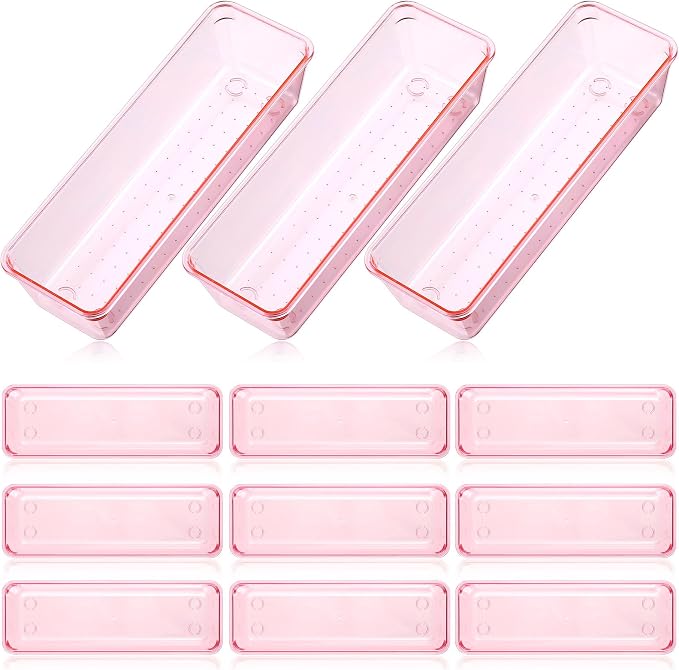 Maitys 12 Pcs Clear Drawer Organizer 9 x 3 x 2 Inches Plastic Rectangle Trays Makeup Vanity Storage Bins and Kitchen Drawers Dividers for Office Desk Silverware Kitchen Utensils(Pink)
