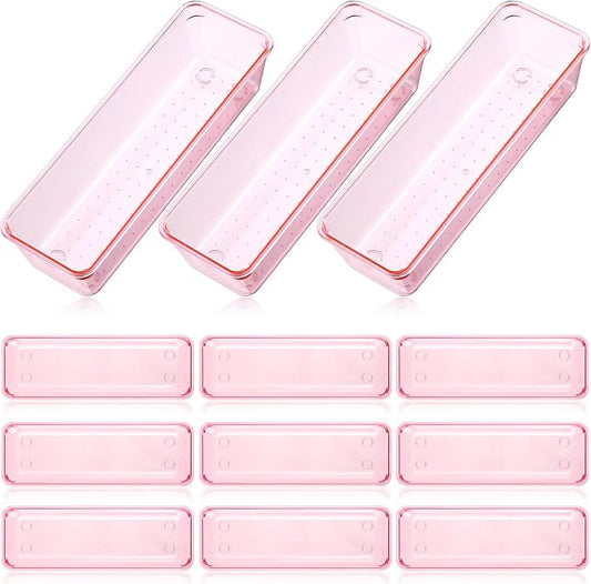 Maitys 12 Pcs Clear Drawer Organizer 9 x 3 x 2 Inches Plastic Rectangle Trays Makeup Vanity Storage Bins and Kitchen Drawers Dividers for Office Desk Silverware Kitchen Utensils(Pink)