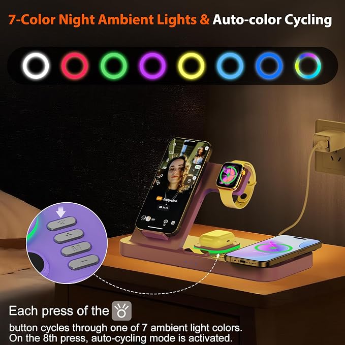 Dual Phone Magnetic Wireless Charging Station for Apple Devices/Apple Ecosystem, 7-Color Auto Light & 12H Clock, Multi-Device Charger for iPhone 17/16/15, for iWatch 11/10/9 & AirPods Pro3(Purple