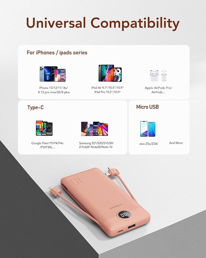 VEGER Portable Charger Power Bank with Built-in AC Plug and Cables, All in One 10000mAh Ultra Slim Travel Essentials, Fast Charging Battery Pack Compatible with iPhone, Samsung, More, Dark Pink