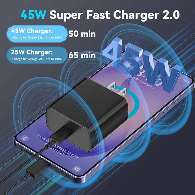 45W Super Fast Charger USB C Android Phone Type C Charger Fast Charging Block with 10FT Cord for Samsung Galaxy S26/S26 Ultra/S26+/S25 Ultra/S25/S24 Ultra/S24/S23 Ultra/S22/S21/S20/Note 10, Black